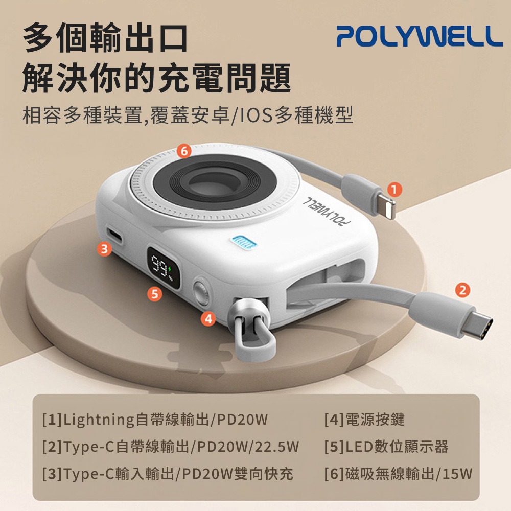 迷你 磁吸 行動電源 POLYWELL 無線充 10000mAh USB-C 蘋果頭 寶利威爾 可登機【DZ0237】-細節圖3