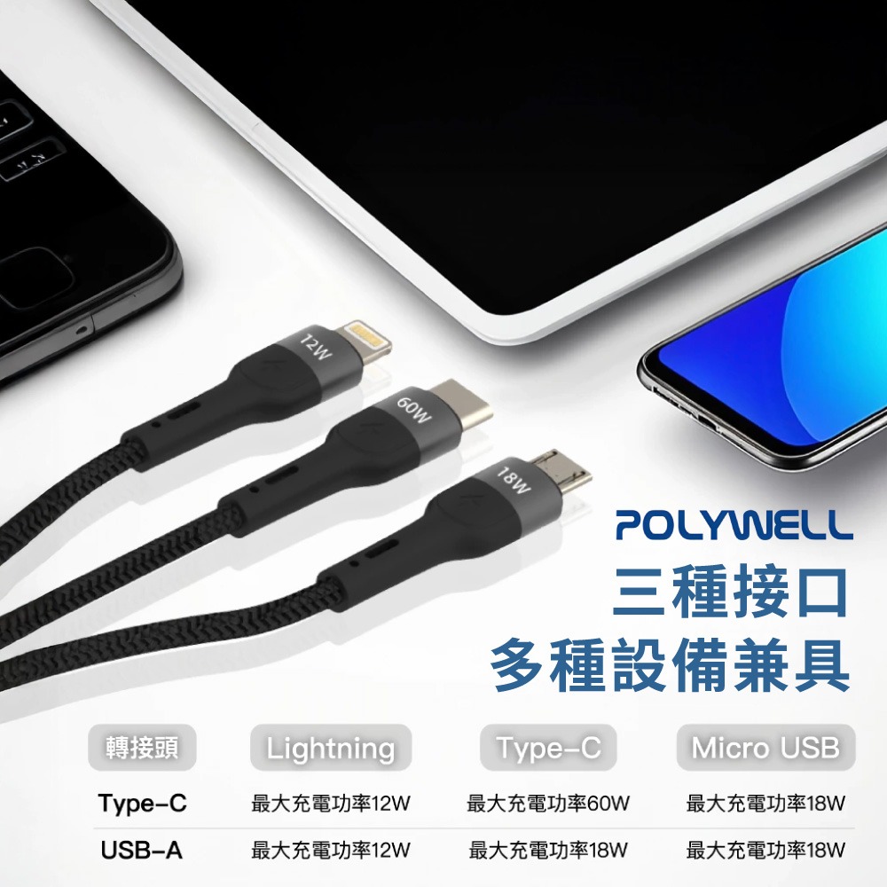 POLYWELL  PD編織 快充線 五合一 USB+C+Lightning+Micro 寶利威爾 【DZ0239】-細節圖5