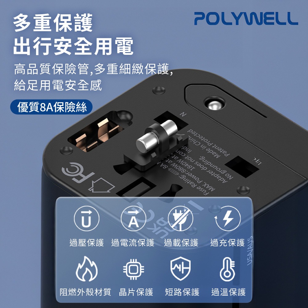 POLYWELL 多國旅行充電器 萬國轉接頭 二合一 旅行轉接頭 充電器 Type C轉接頭 寶利威爾【DZ0250】-細節圖3