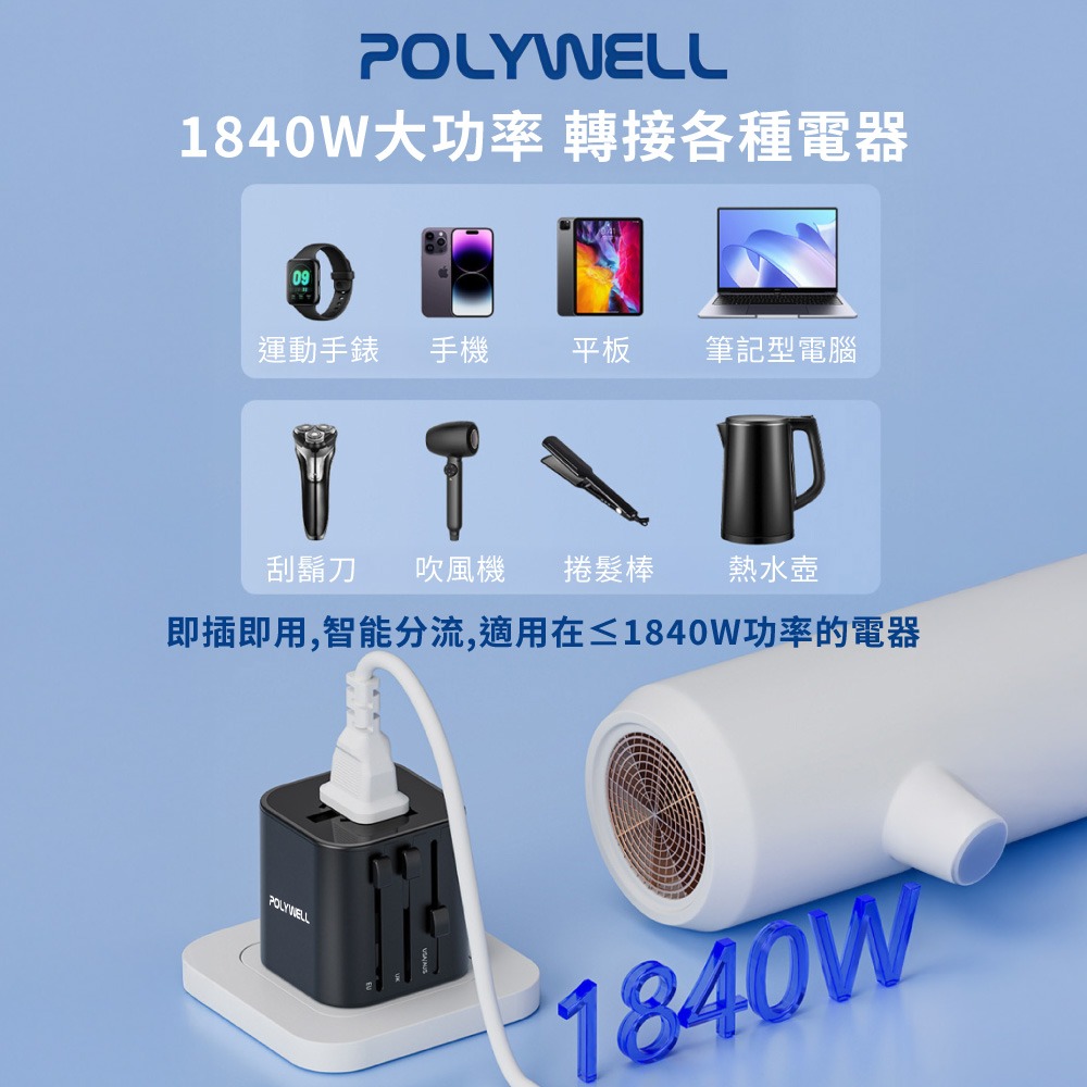 POLYWELL 多國旅行充電器 萬國轉接頭 二合一 旅行轉接頭 充電器 Type C轉接頭 寶利威爾【DZ0250】-細節圖7