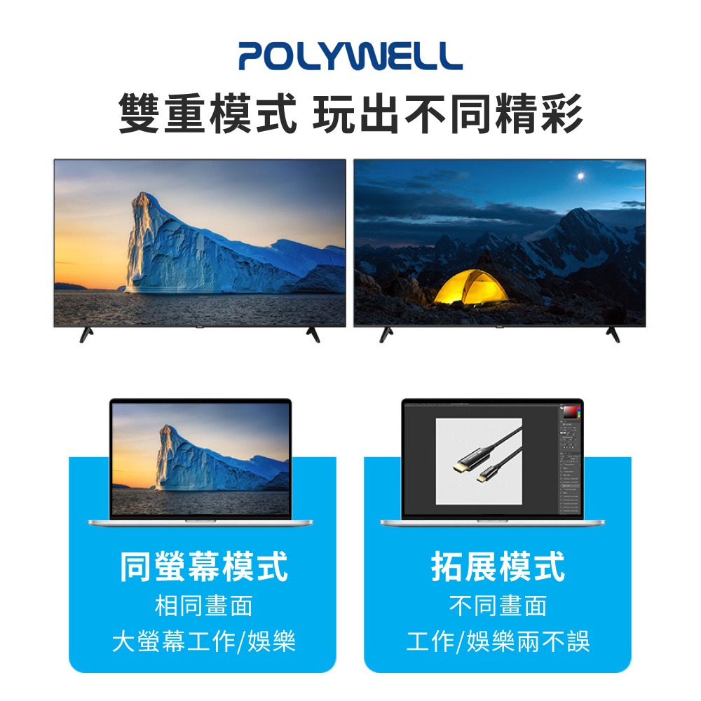POLYWELL Type-C轉HDMI 4K 影音傳輸線 轉接線 鋁合金 帶編織 筆電投影線【DZ0245】-細節圖5