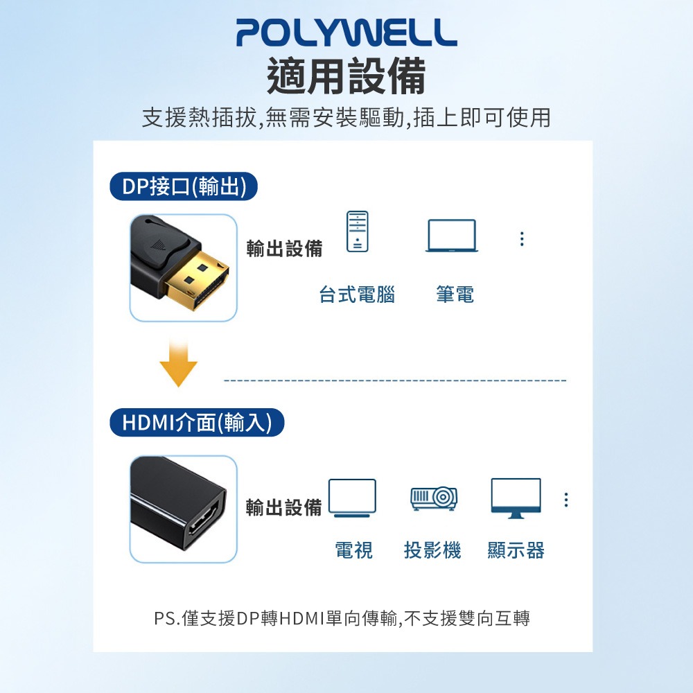 POLYWELL DP轉 HDMI 訊號轉換器 FHD 1080P 轉接線 寶利威 雙螢幕轉接 【DZ0248】-細節圖7