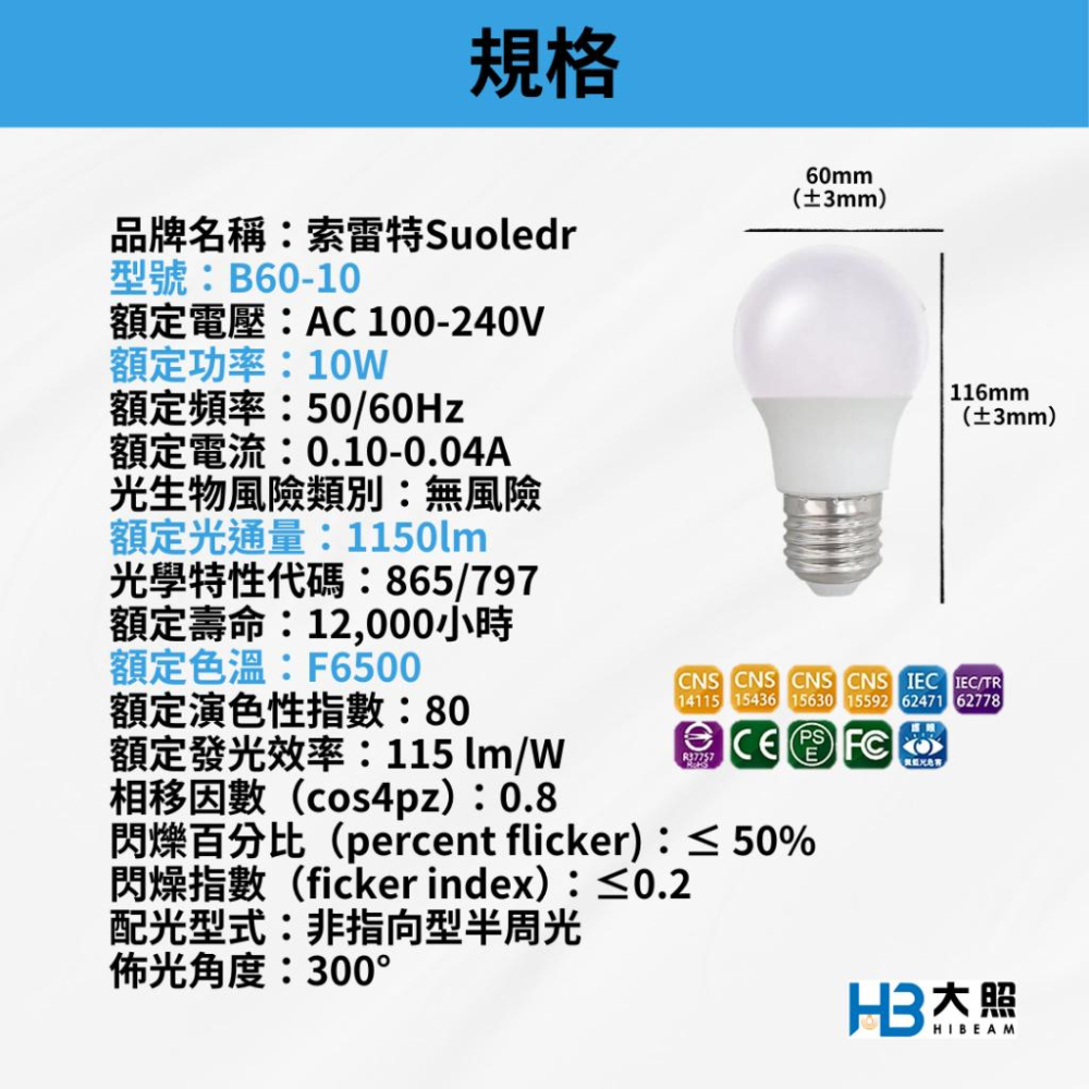 現貨︱E27 LED 節能球型燈泡10W B60-10 白光-細節圖3