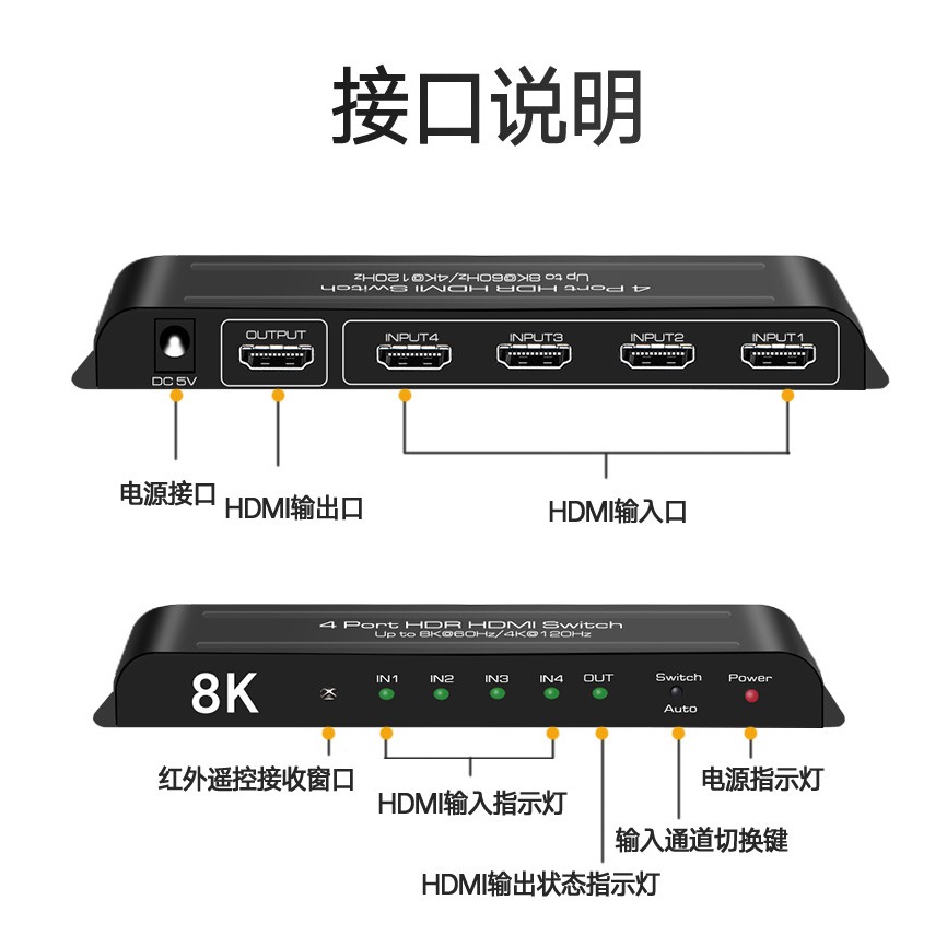 HDMI2.1 8K輸出 HDMI四進一出4進1出切換器分配器 4K 120Hz 8K 60Hz適用於PS5 Xbox-細節圖8