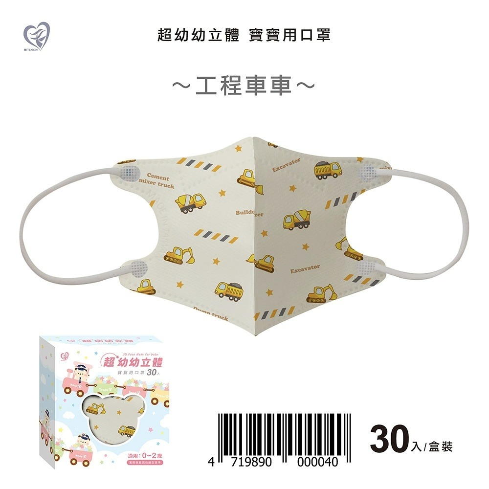 天心超幼幼立體口罩 新色上市✨ 超幼幼口罩 3D立體 卡通圖案 0-2歲適用 30入/盒-規格圖1