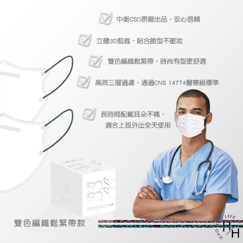 中衛醫療口罩-成人立體(3D)白色 (100入/盒) 雙色編織鬆緊帶 醫用口罩 立體口罩 醫療口罩 立體口罩 成人口罩-細節圖3