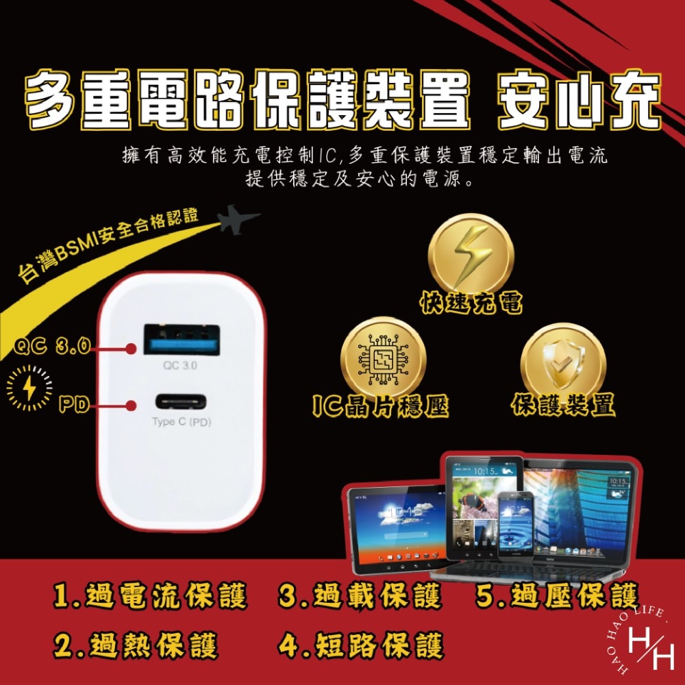 現貨快出【E-books】B78 (台灣製造)20W PD+QC3.0快速充電器+60W C to C快充傳輸線組-細節圖5