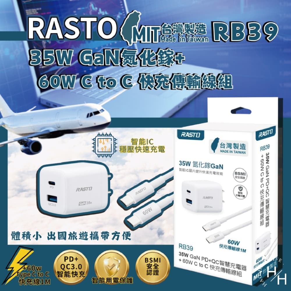 現貨快出【RASTO】RB39 35W GaN PD+QC智慧充電器+ 60W C to C 快充傳輸線組 台灣製造-細節圖2