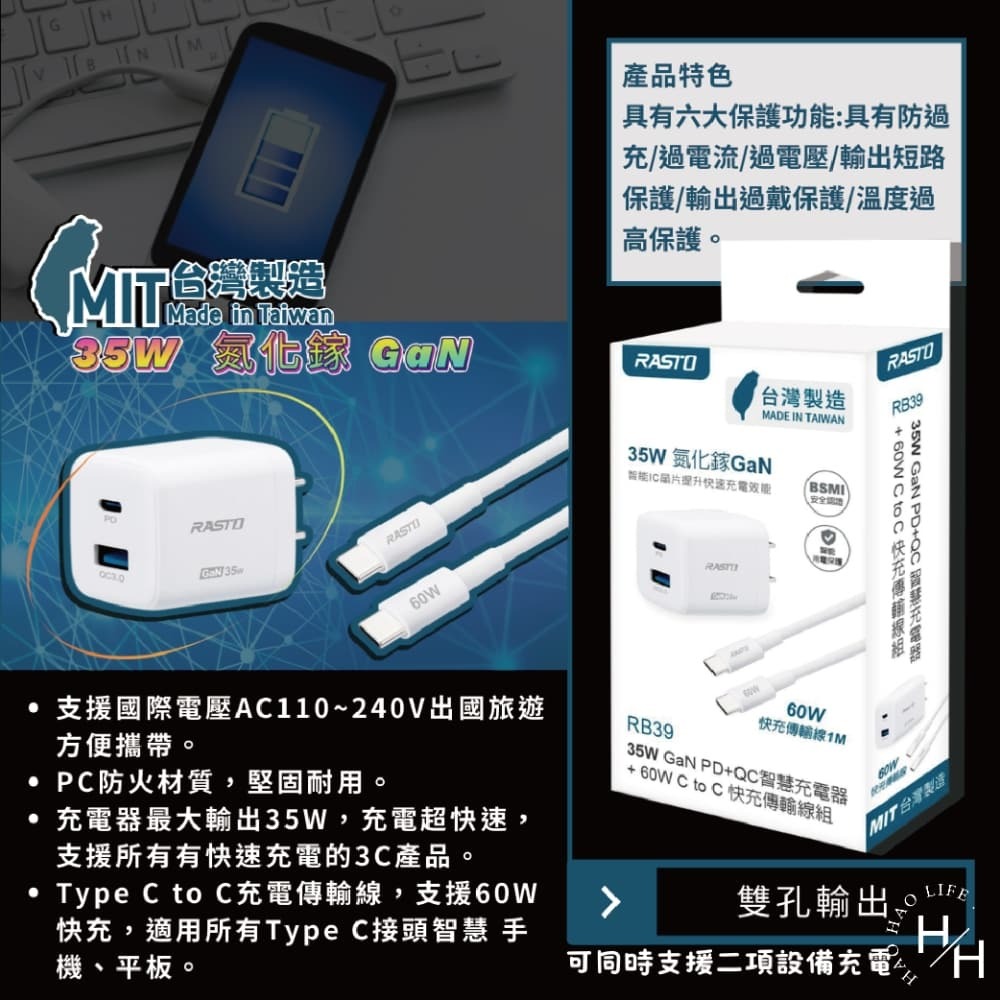 現貨快出【RASTO】RB39 35W GaN PD+QC智慧充電器+ 60W C to C 快充傳輸線組 台灣製造-細節圖3