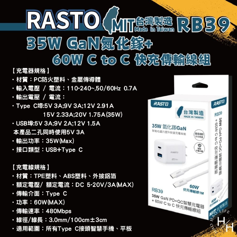 現貨快出【RASTO】RB39 35W GaN PD+QC智慧充電器+ 60W C to C 快充傳輸線組 台灣製造-細節圖8