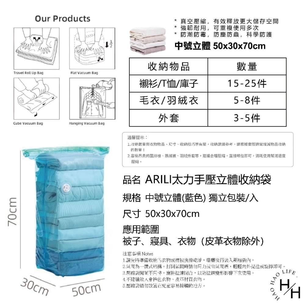 太力手壓立體收納袋 中號/特大號立體(藍色) 立體真空壓縮袋 平面真空壓縮袋 衣物真空袋 棉被真空收納袋 免抽氣 收納袋-細節圖8