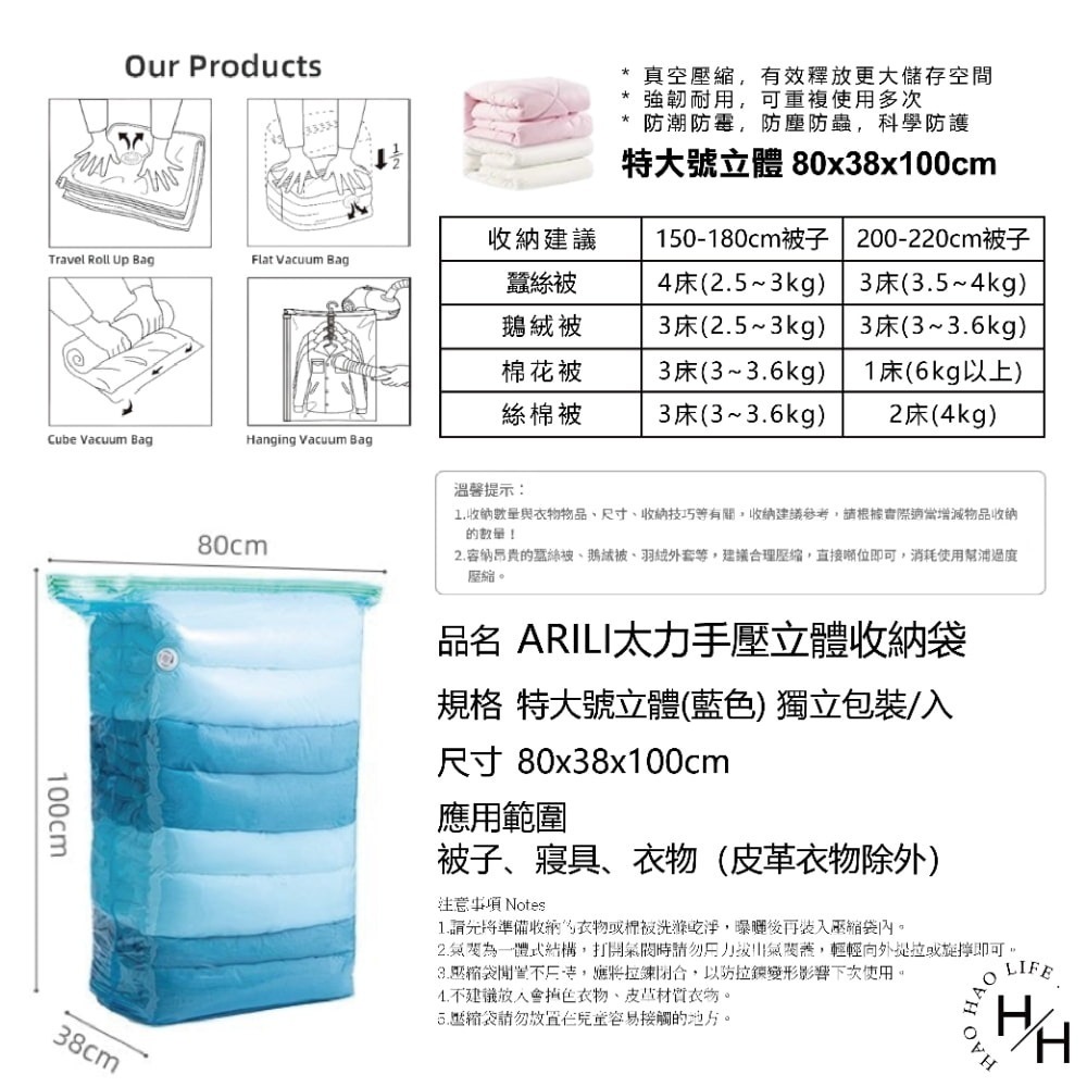 太力手壓立體收納袋 中號/特大號立體(藍色) 立體真空壓縮袋 平面真空壓縮袋 衣物真空袋 棉被真空收納袋 免抽氣 收納袋-細節圖9