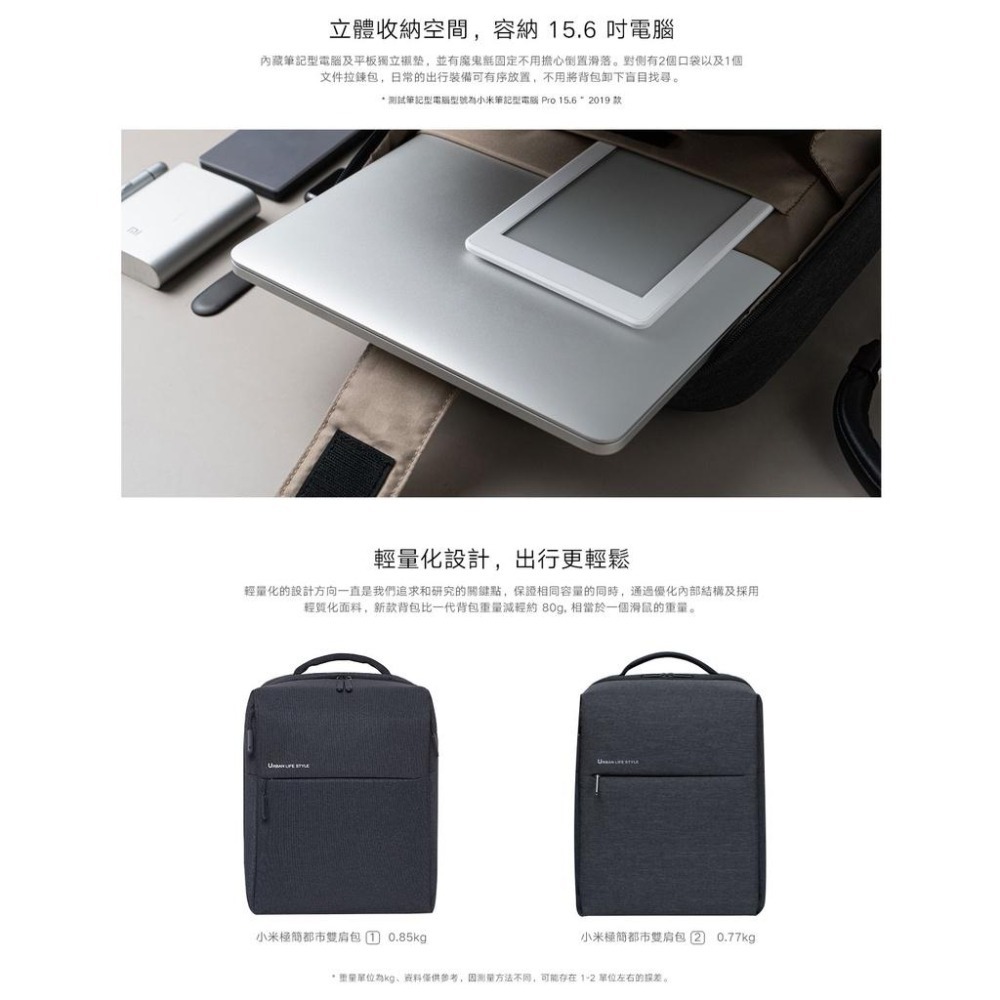 【含稅快速出貨】 小米極簡都市雙肩包 2  防潑水可容納15.6吋筆電(台灣小米公司貨)-細節圖4