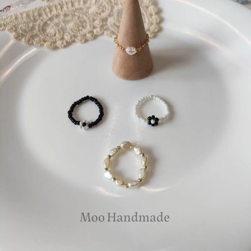 【moo._.handmade】氣質歐膩 手作串珠戒指 天然淡水珍珠戒指-細節圖2