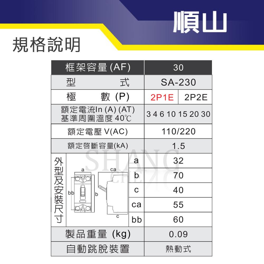 順山 SA-230 安全開關 小型無熔絲開關 2P 3A 4A 6A 10A 110V/220V 通過BSMI商檢局驗證-細節圖4