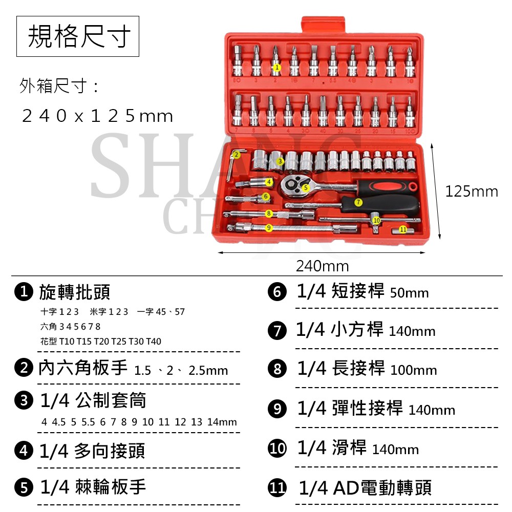 DIY必備工具組 46件 工具組 工具箱 螺絲起子 機車工具 套筒十字起子   板手 套筒組 修車工具組-細節圖5