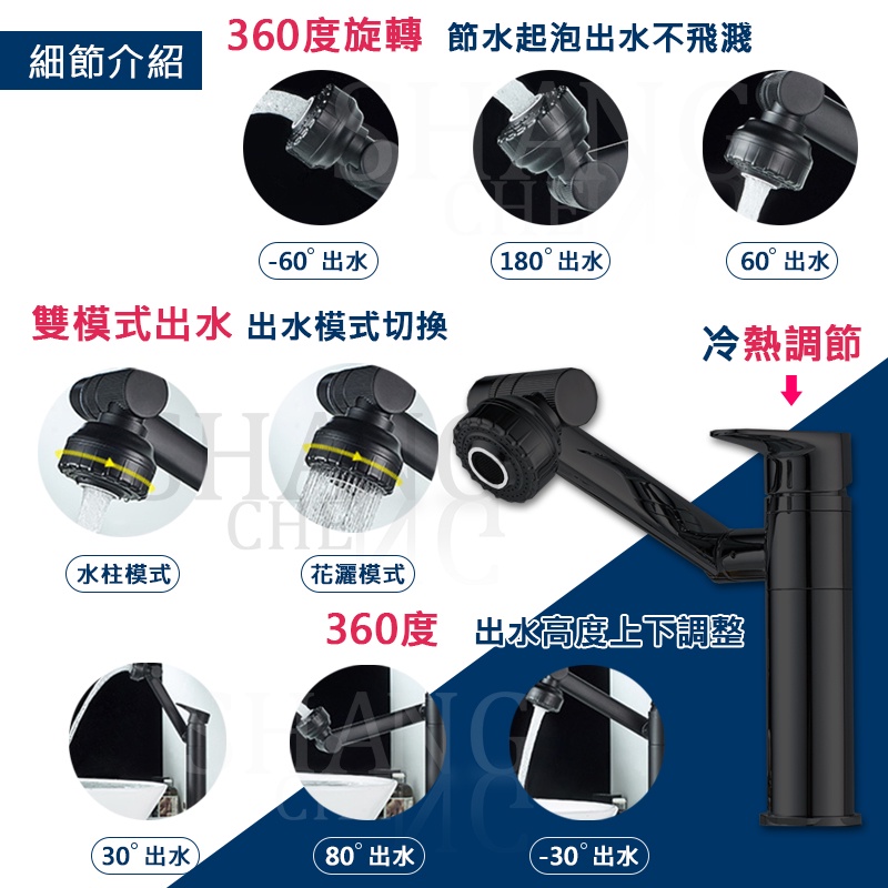 【黑色】全銅冷熱水龍頭 萬向旋轉水龍頭 衛生間水龍頭 洗臉盆浴室洗手盆池旋轉黑色家用面盆 招財貓水龍頭 冷熱可旋轉洗手盆-細節圖4