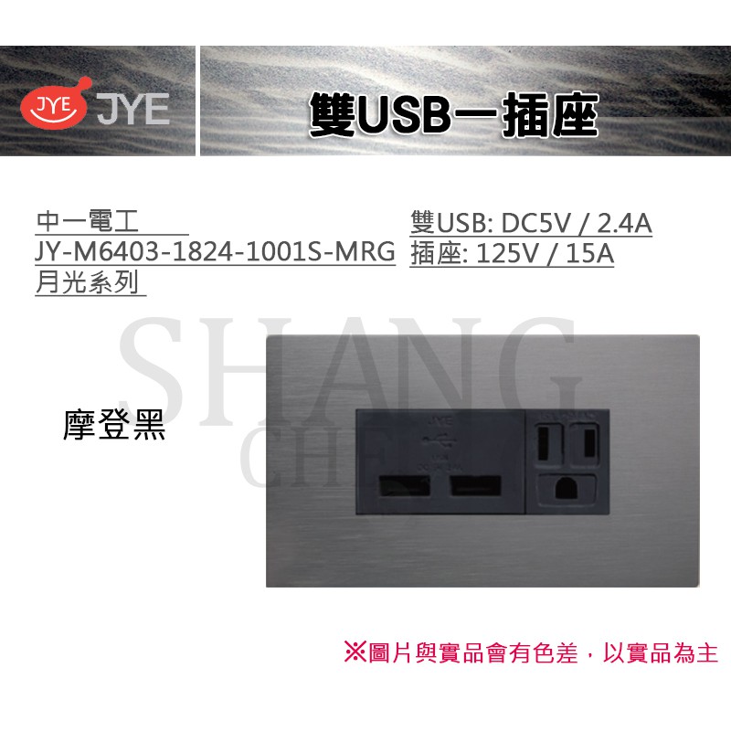 中一 JYE 月光系列 USB 接地 雙USB一接地 中一電工 JY-M6403-1824-1101-MRG 摩登灰