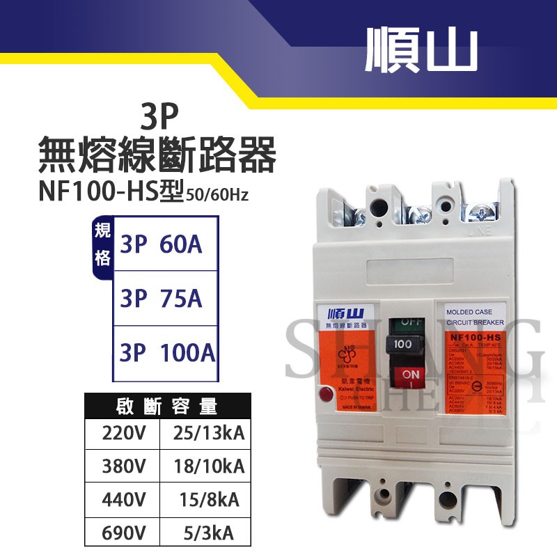 通過BSMI商檢局驗證 字號R63152 順山 NF100-HS型 25KA 3P 15A-100A 無熔線斷路器 開關-細節圖2