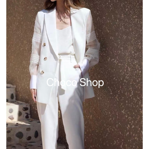 壓褶 歐根紗拼接袖 亞麻材質 白色西裝外套 特價 230800150