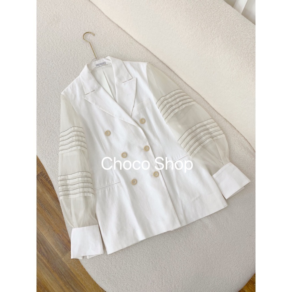 壓褶 歐根紗拼接袖 亞麻材質 白色西裝外套 特價 230800150-細節圖2