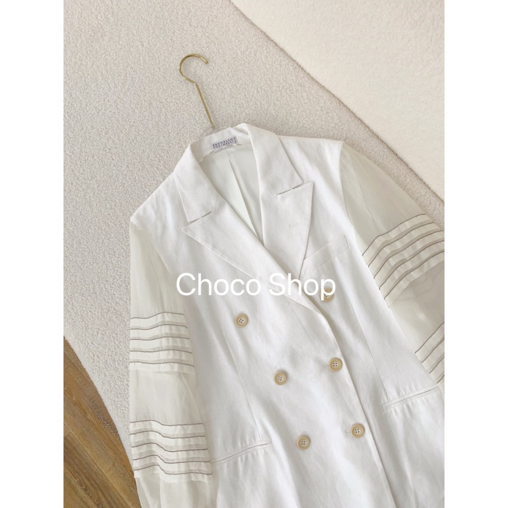 壓褶 歐根紗拼接袖 亞麻材質 白色西裝外套 特價 230800150-細節圖3