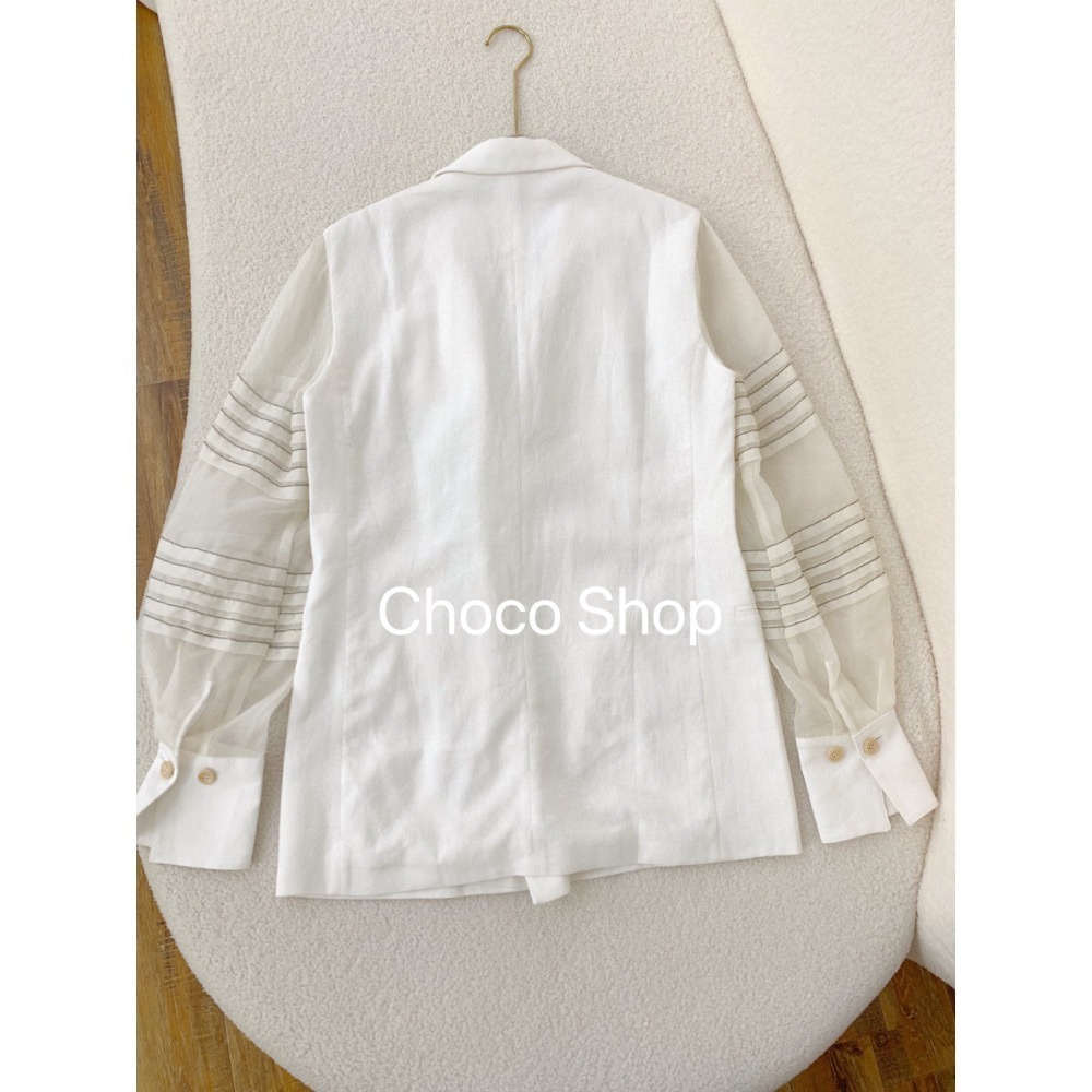 壓褶 歐根紗拼接袖 亞麻材質 白色西裝外套 特價 230800150-細節圖5