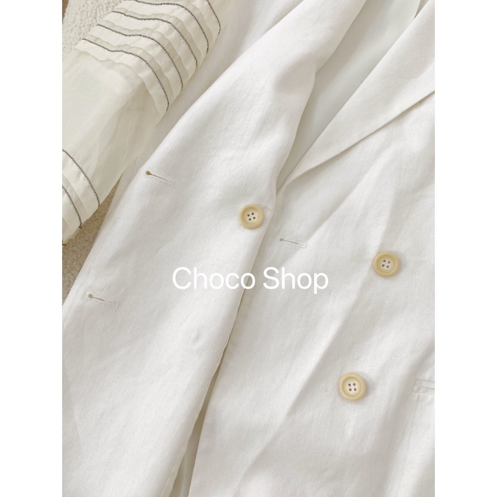 壓褶 歐根紗拼接袖 亞麻材質 白色西裝外套 特價 230800150-細節圖6