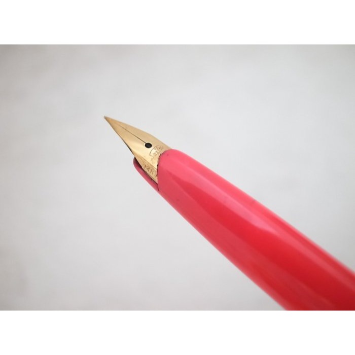 C395 1960s 寫樂 日本製 鋼蓋珊瑚紅桿 14k 細字尖 短鋼筆(7成新)-細節圖3
