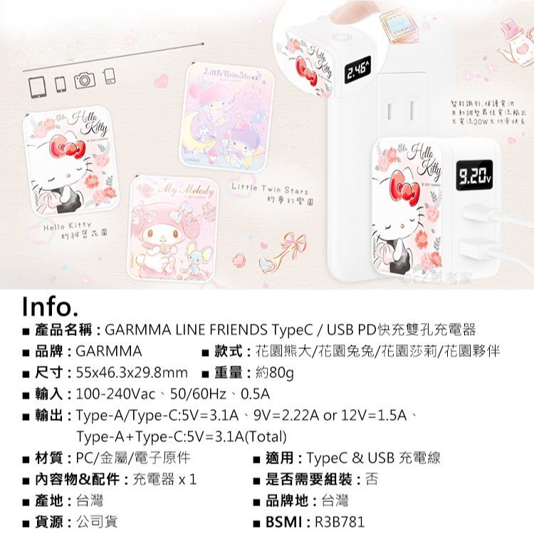 GARMMA 三麗鷗Kitty LINE TypeC USB PD快充雙孔充電器 20W充電頭 快充頭 熊大 宇宙明星-細節圖7