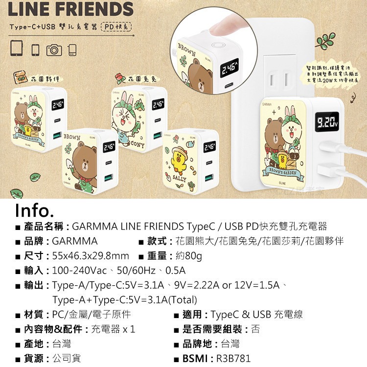 GARMMA 三麗鷗Kitty LINE TypeC USB PD快充雙孔充電器 20W充電頭 快充頭 熊大 宇宙明星-細節圖11