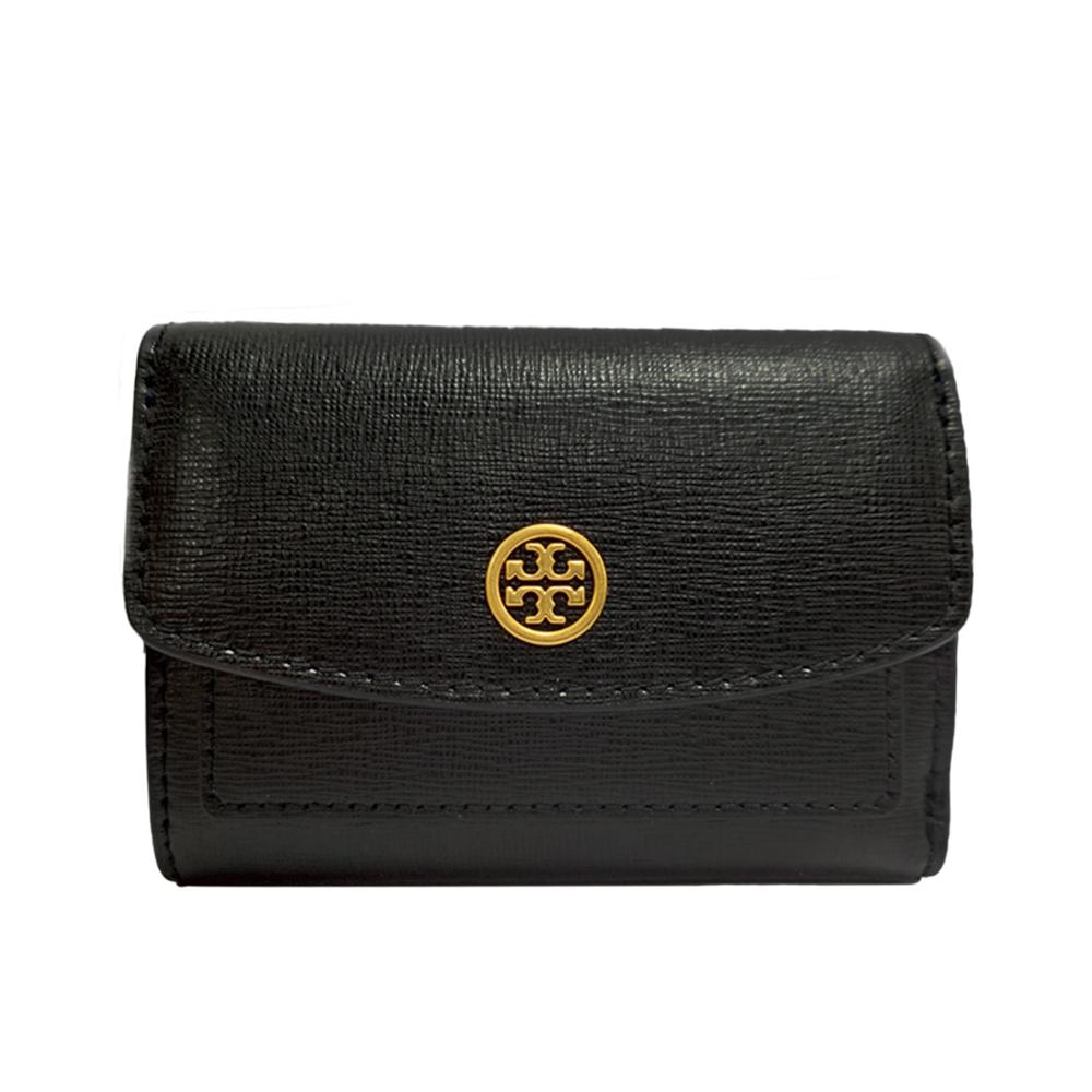 TORY BURCH KIRA CHEVRON 雙T金屬LOGO壓紋釦式短夾 黑色