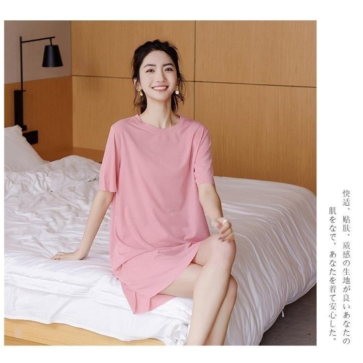 【台灣現貨】冰絲純色短袖寬鬆連身裙 睡裙 睡衣 居家服 /許願花園-細節圖4