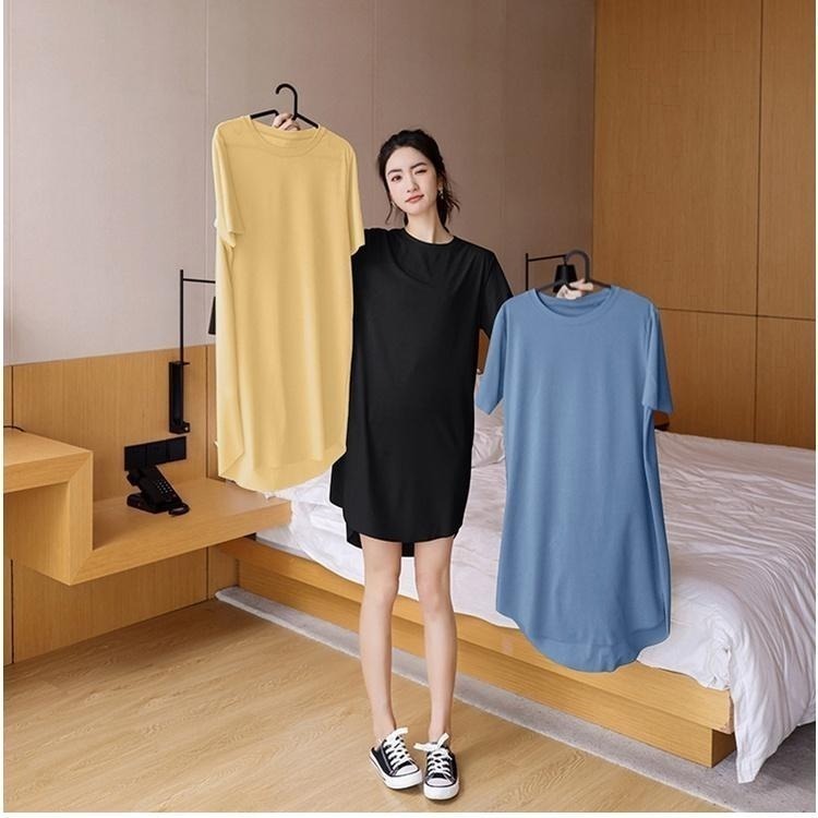 【台灣現貨】冰絲純色短袖寬鬆連身裙 睡裙 睡衣 居家服 /許願花園-細節圖5