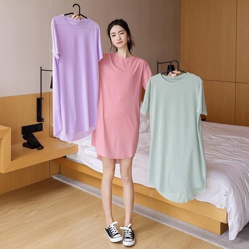 【台灣現貨】冰絲純色短袖寬鬆連身裙 睡裙 睡衣 居家服 /許願花園-細節圖6