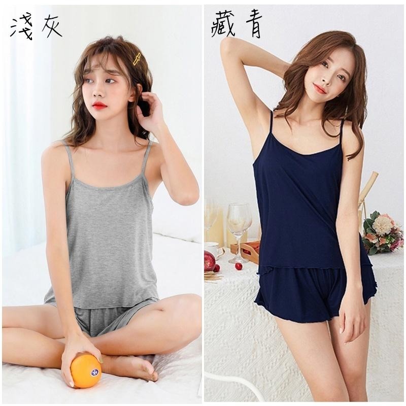 【台灣現貨】上衣+短褲💖兩件式莫代爾細肩帶居家服 無袖睡衣 套裝 /許願花園-細節圖4