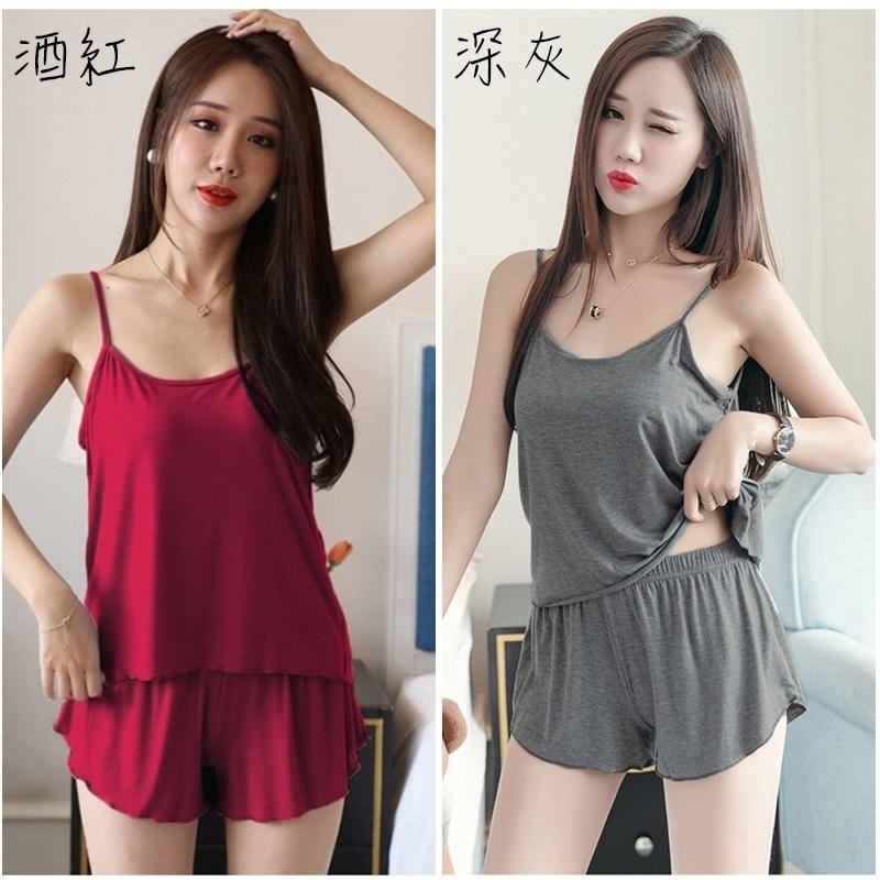 【台灣現貨】上衣+短褲💖兩件式莫代爾細肩帶居家服 無袖睡衣 套裝 /許願花園-細節圖5