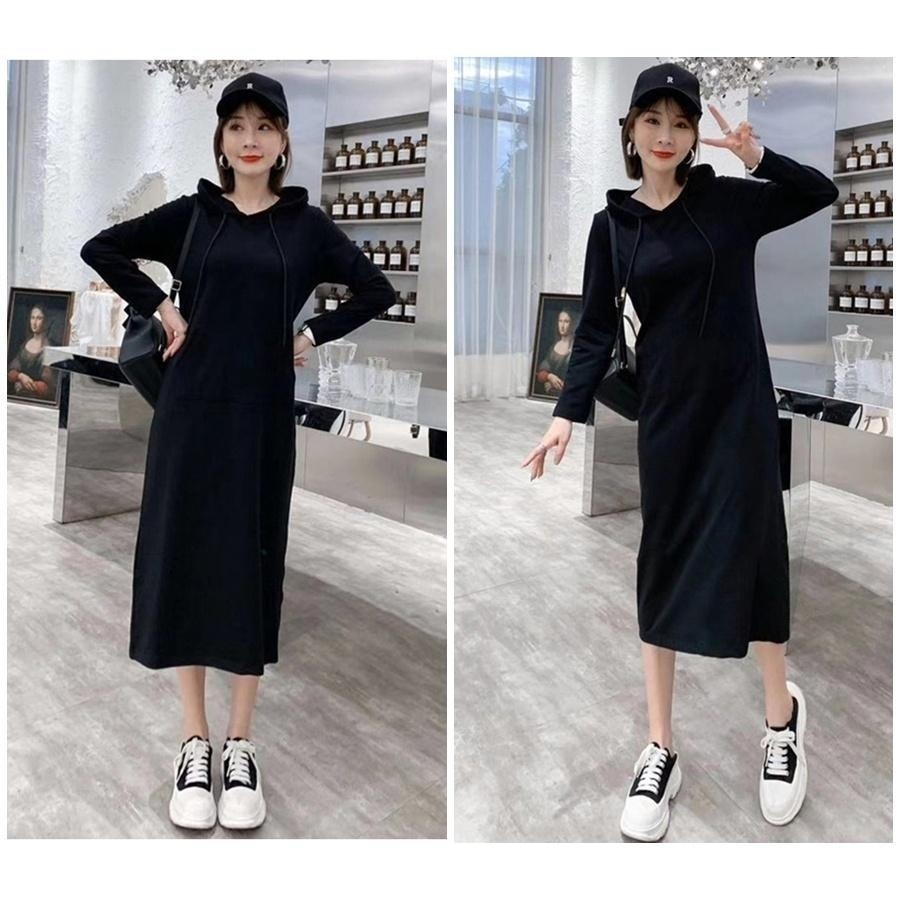【台灣現貨】氣質顯瘦長袖包臀連帽連身裙 長版薄款/加絨刷毛衛衣 帽T  /許願花園-細節圖2