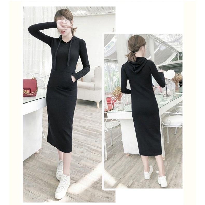 【台灣現貨】氣質顯瘦長袖包臀連帽連身裙 長版薄款/加絨刷毛衛衣 帽T  /許願花園-細節圖3