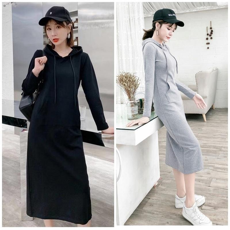 【台灣現貨】氣質顯瘦長袖包臀連帽連身裙 長版薄款/加絨刷毛衛衣 帽T  /許願花園-細節圖4