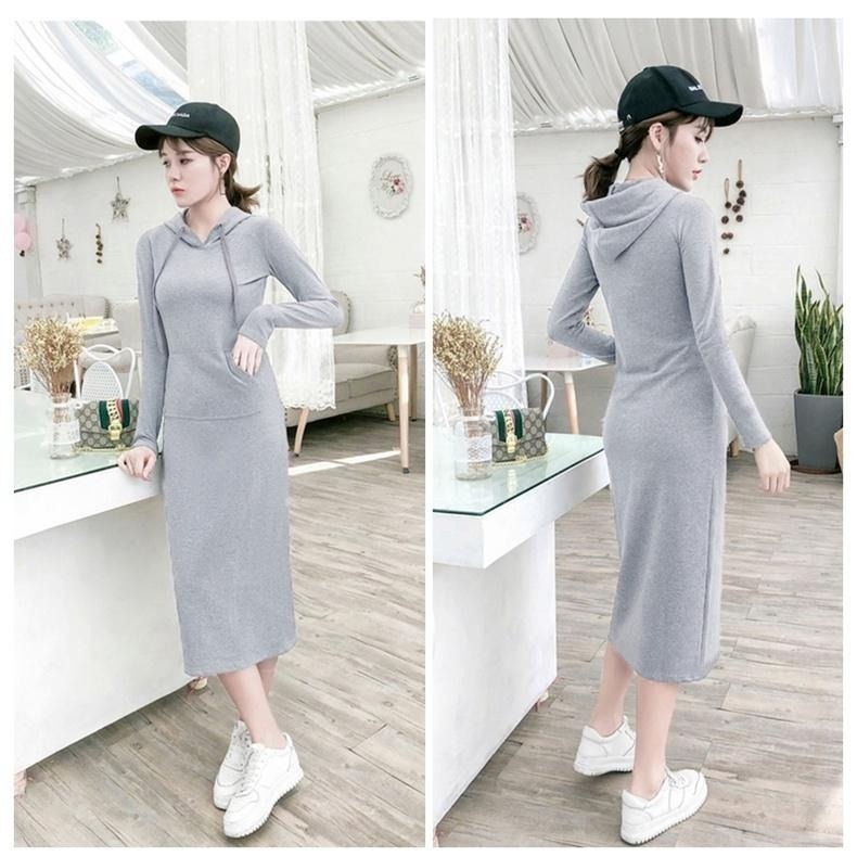 【台灣現貨】氣質顯瘦長袖包臀連帽連身裙 長版薄款/加絨刷毛衛衣 帽T  /許願花園-細節圖5