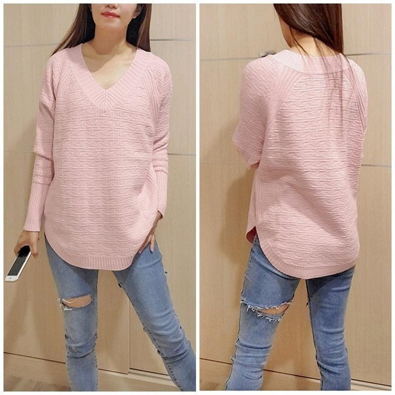 【台灣現貨】修身V領長袖針織衫 蝙蝠袖寬鬆針織毛衣上衣 /許願花園-細節圖5