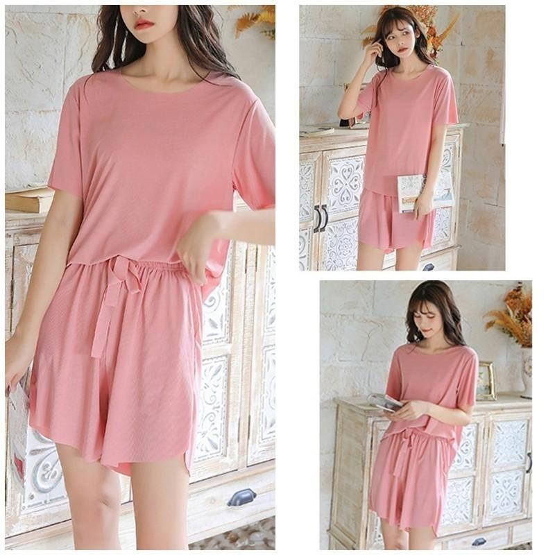 【台灣現貨】上衣+短褲🎀兩件套寬鬆短褲短袖冰絲睡衣 懶人休閒居家服 /許願花園-細節圖4