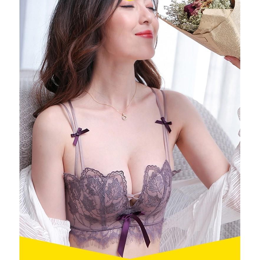 【台灣現貨】刺繡蕾絲雙肩帶無鋼圈美背內衣 深V集中蝴蝶結胸罩 /許願花園-細節圖3