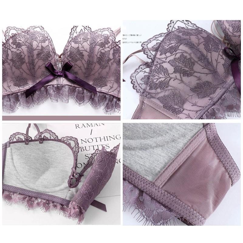 【台灣現貨】刺繡蕾絲雙肩帶無鋼圈美背內衣 深V集中蝴蝶結胸罩 /許願花園-細節圖7