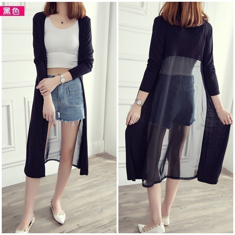 【台灣現貨】莫代爾雪紡拼接顯瘦防曬薄外套 長版開衫 旅遊沙灘罩衫 /許願花園-細節圖2