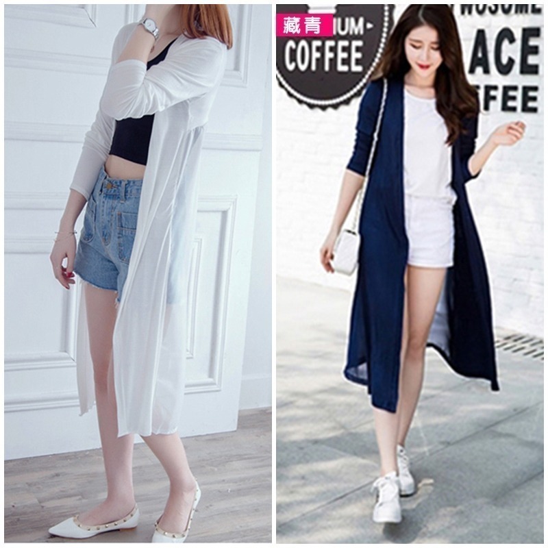 【台灣現貨】莫代爾雪紡拼接顯瘦防曬薄外套 長版開衫 旅遊沙灘罩衫 /許願花園-細節圖5