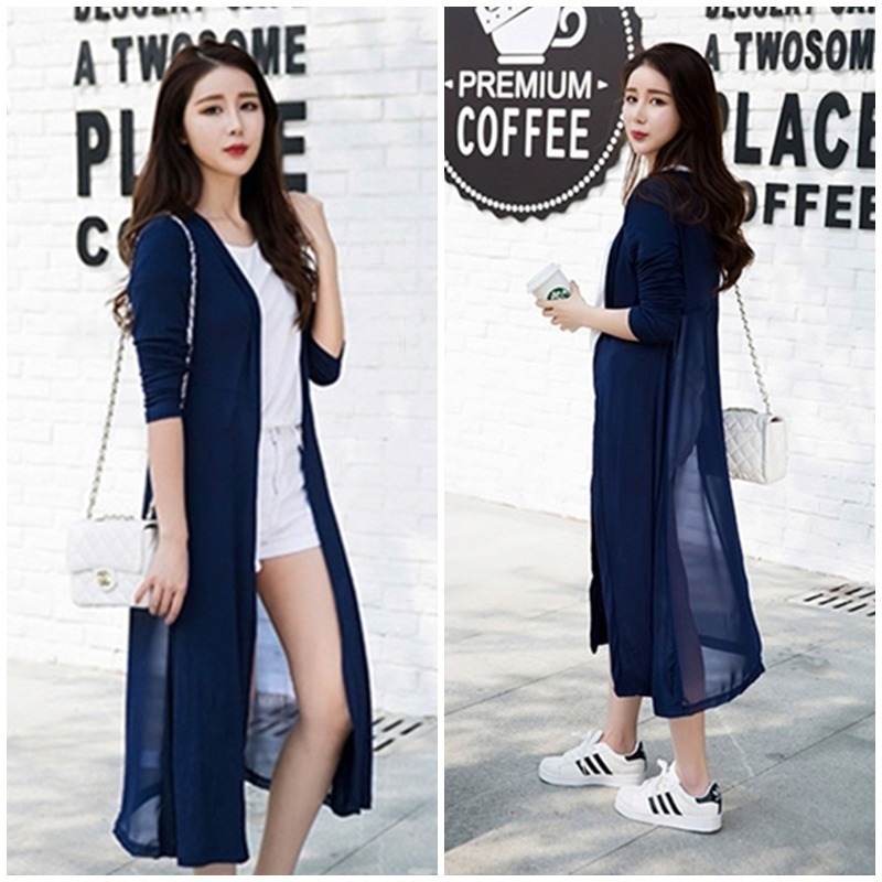 【台灣現貨】莫代爾雪紡拼接顯瘦防曬薄外套 長版開衫 旅遊沙灘罩衫 /許願花園-細節圖6