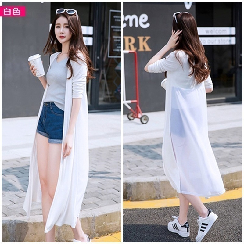 【台灣現貨】莫代爾雪紡拼接顯瘦防曬薄外套 長版開衫 旅遊沙灘罩衫 /許願花園-細節圖4