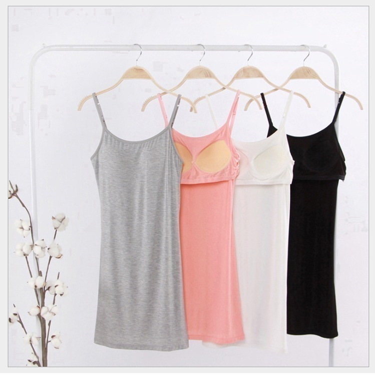 【台灣現貨】罩杯一體莫代爾無鋼圈性感細肩帶睡裙 睡衣/連身裙/居家服/打底裙帶胸墊 /許願花園-細節圖2